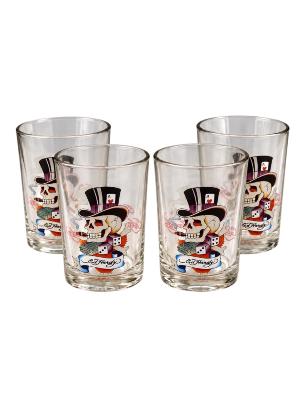 Ed Hardy Skull Top Hat Drinking Glasses Set of 4